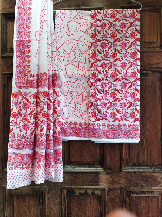 Hand Block Cotton Unstitched Salwar Suit With Cotton/Mulmul Dupatta - JBCM630