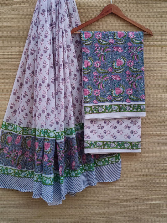 Hand Block Cotton Unstitched Salwar Suit With Cotton/Mulmul Dupatta - JBCM586