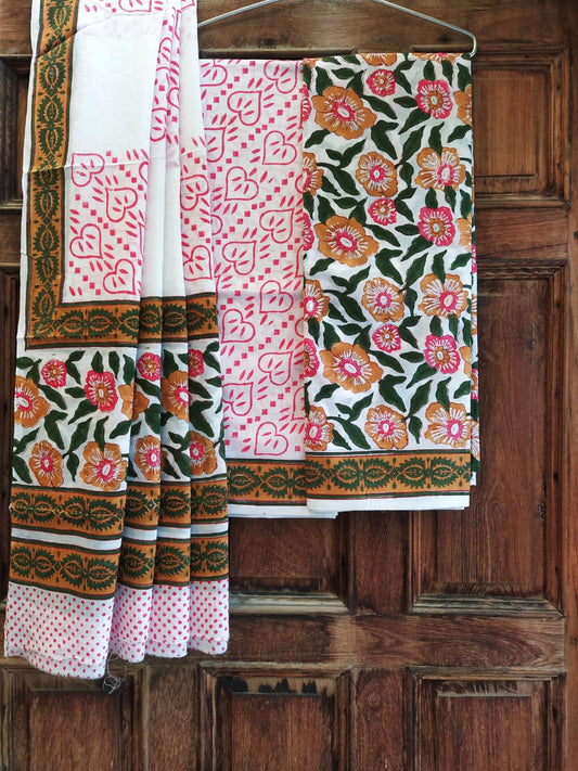 Hand Block Printed Pure Cotton Unstitched Salwar Suit Set With Cotton/Mulmul Dupatta - JBCM631