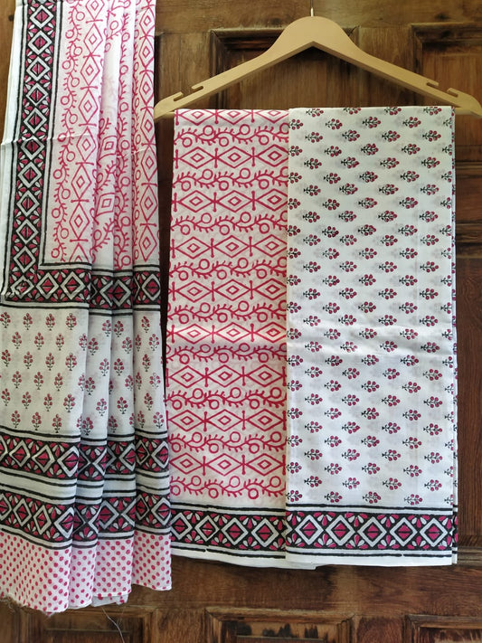 Pure Cotton Hand Block Printed Unstitched Salwar Suit Set With Cotton/Mulmul Dupatta - JBCM632