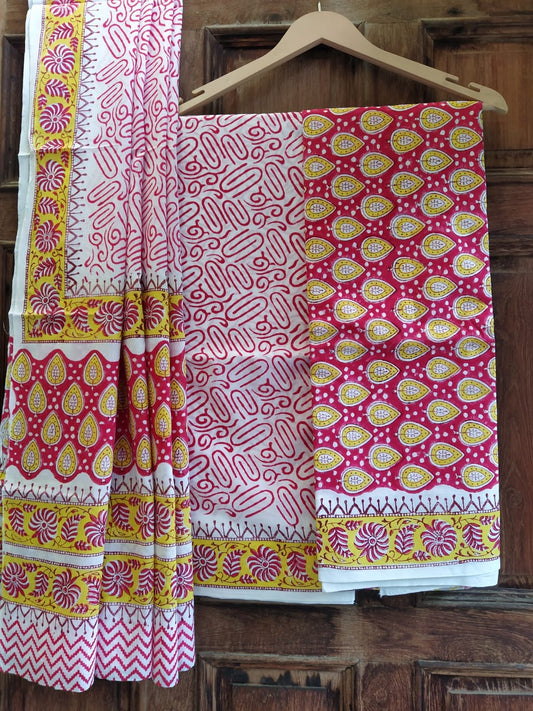 Hand Block Cotton Unstitched Salwar Suit With Cotton/Mulmul Dupatta - JBCM633