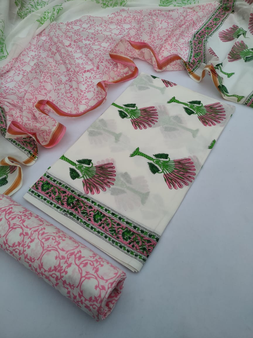 Hand Block Printed Pure Cotton Unstitched Salwar Suit Set With Cotton/Mulmul Dupatta - JBCM635