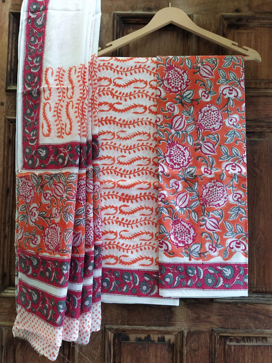 Pure Cotton Hand Block Printed Unstitched Salwar Suit Set With Cotton/Mulmul Dupatta - JBCM636