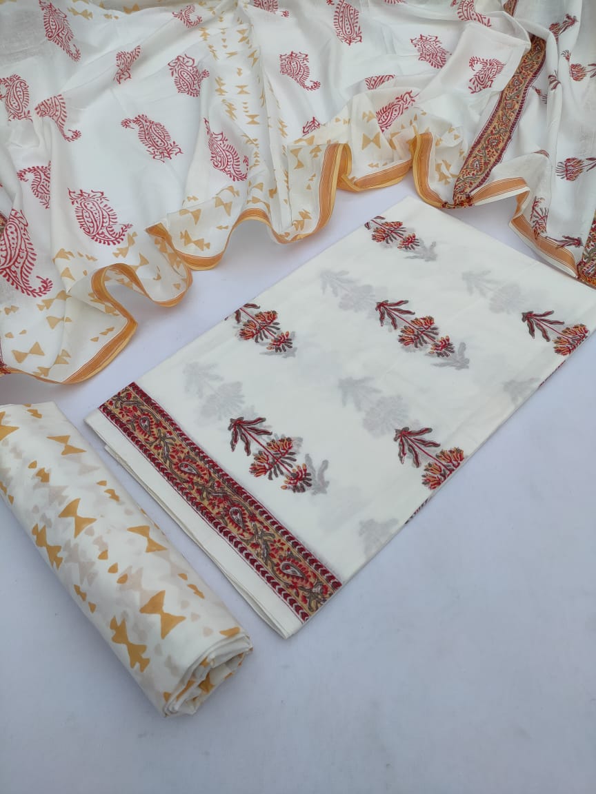 Hand Block Cotton Unstitched Salwar Suit With Cotton/Mulmul Dupatta - JBCM637