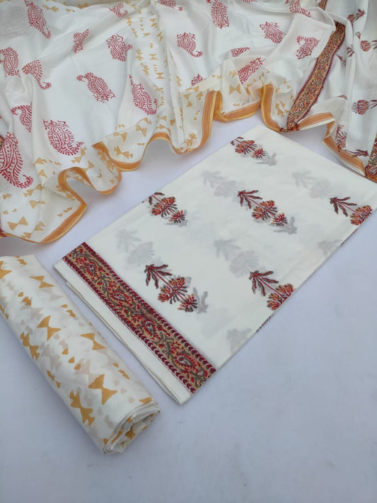 Hand Block Cotton Unstitched Salwar Suit With Cotton/Mulmul Dupatta - JBCM637
