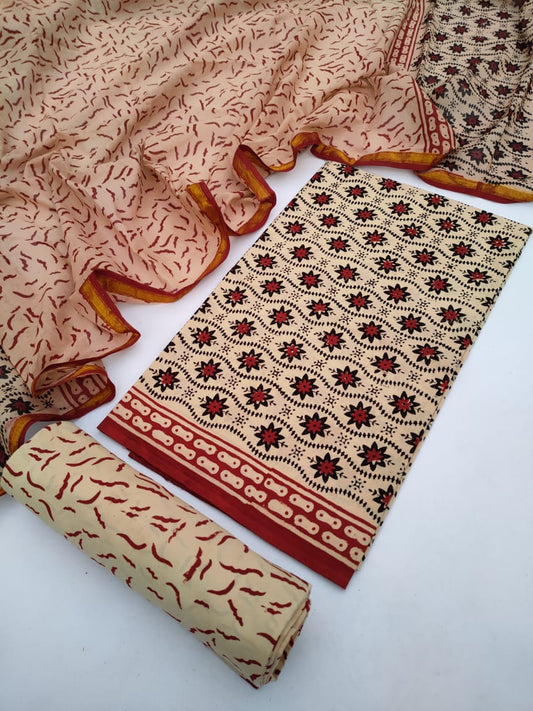 Hand Block Cotton Unstitched Salwar Suit With Cotton/Mulmul Dupatta - JBCM638