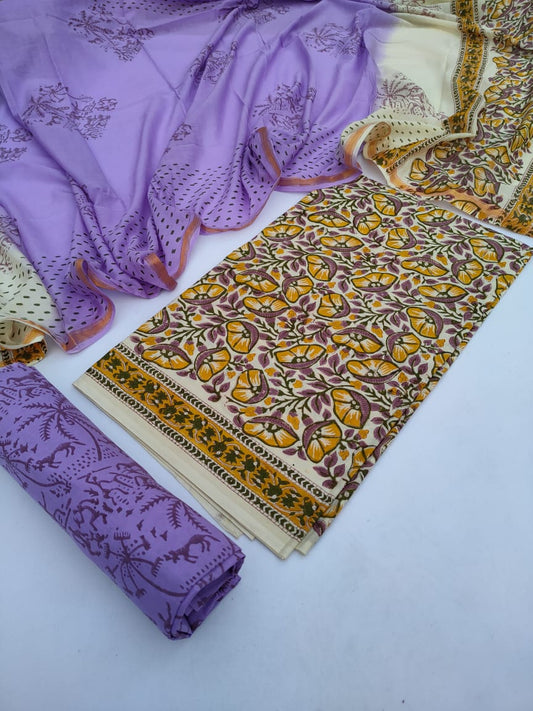Hand Block Printed Pure Cotton Unstitched Salwar Suit Set With Cotton/Mulmul Dupatta - JBCM639