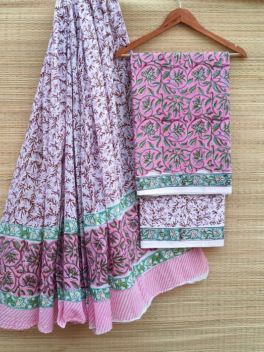 Hand Block Printed Pure Cotton Unstitched Salwar Suit Set With Cotton/Mulmul Dupatta - JBCM587