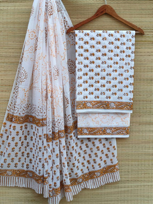 Hand Block Cotton Unstitched Salwar Suit With Cotton/Mulmul Dupatta - JBCM641