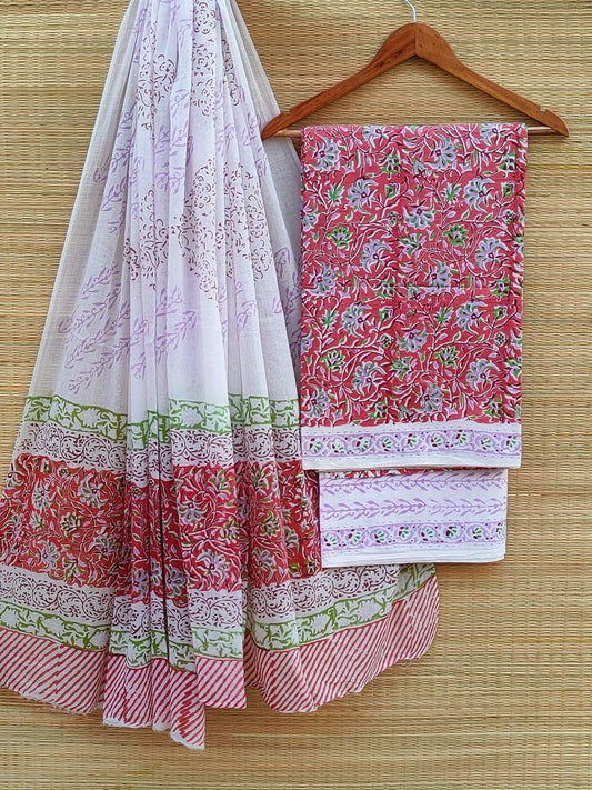 Hand Block Cotton Unstitched Salwar Suit With Cotton/Mulmul Dupatta - JBCM642