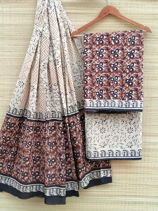 Hand Block Printed Pure Cotton Unstitched Salwar Suit Set With Cotton/Mulmul Dupatta - JBCM643