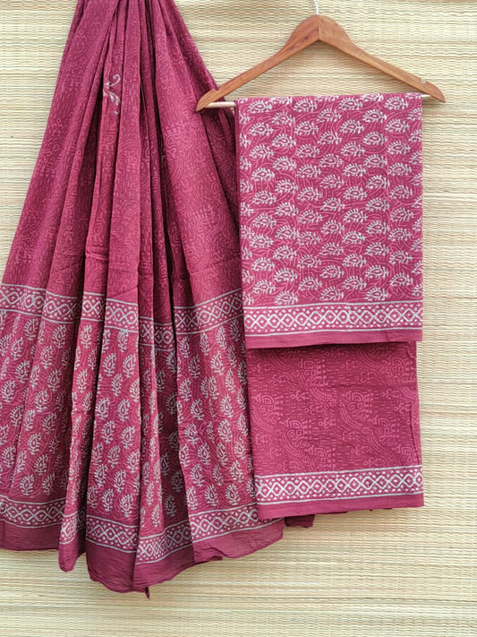 Pure Cotton Hand Block Printed Unstitched Salwar Suit Set With Cotton/Mulmul Dupatta - JBCM644