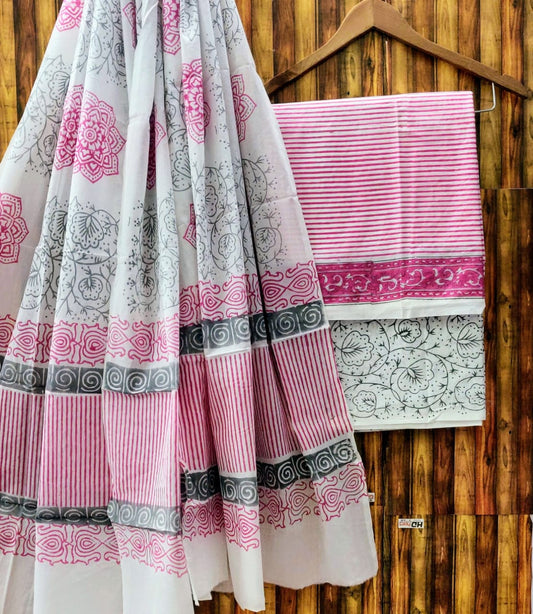 Hand Block Cotton Unstitched Salwar Suit With Cotton/Mulmul Dupatta - JBCM645