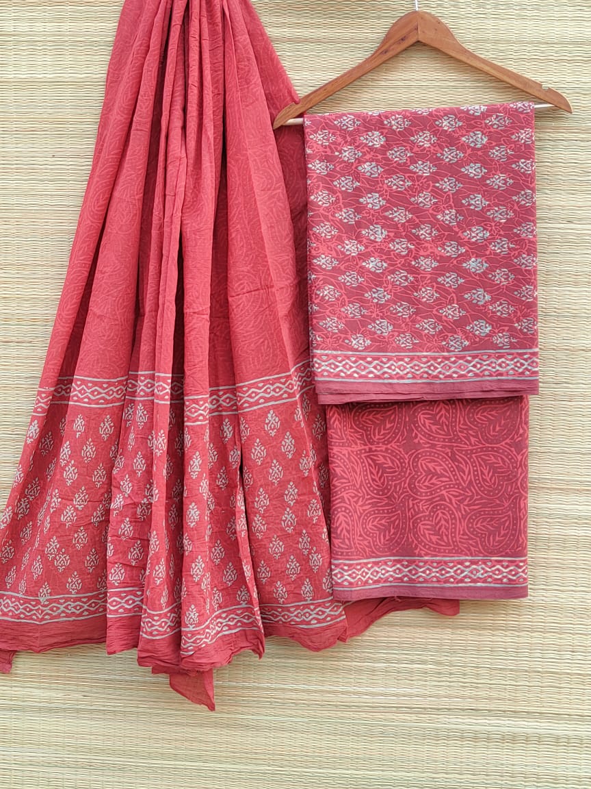 Hand Block Cotton Unstitched Salwar Suit With Cotton/Mulmul Dupatta - JBCM646