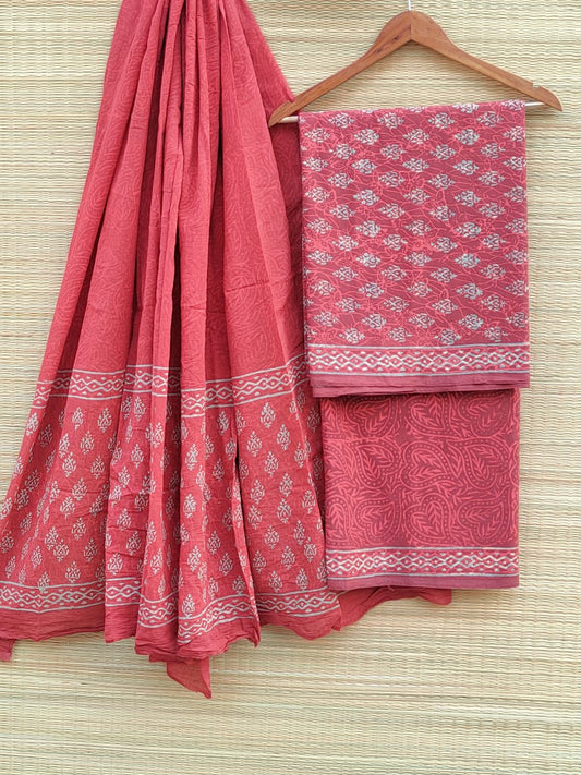 Hand Block Cotton Unstitched Salwar Suit With Cotton/Mulmul Dupatta - JBCM646
