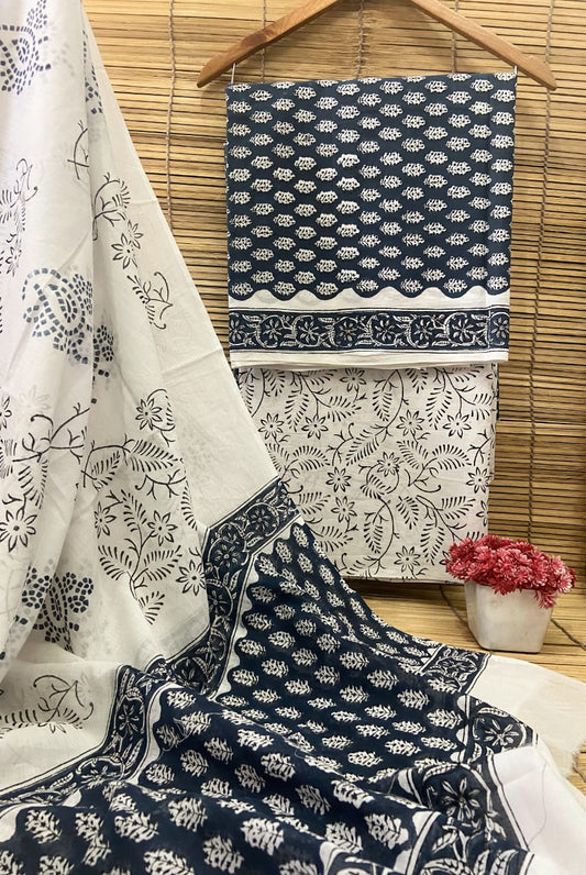 Hand Block Printed Pure Cotton Unstitched Salwar Suit Set With Cotton/Mulmul Dupatta - JBCM647