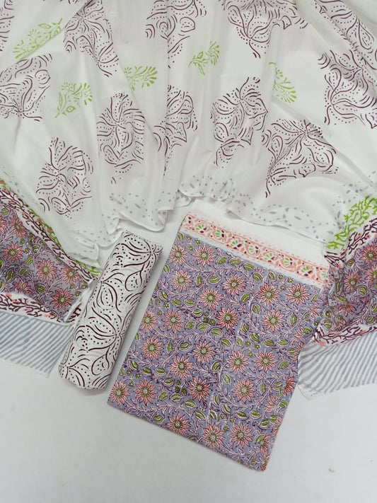 Pure Cotton Hand Block Printed Unstitched Salwar Suit Set With Cotton/Mulmul Dupatta - JBCM648
