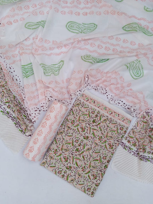 Hand Block Cotton Unstitched Salwar Suit With Cotton/Mulmul Dupatta - JBCM649