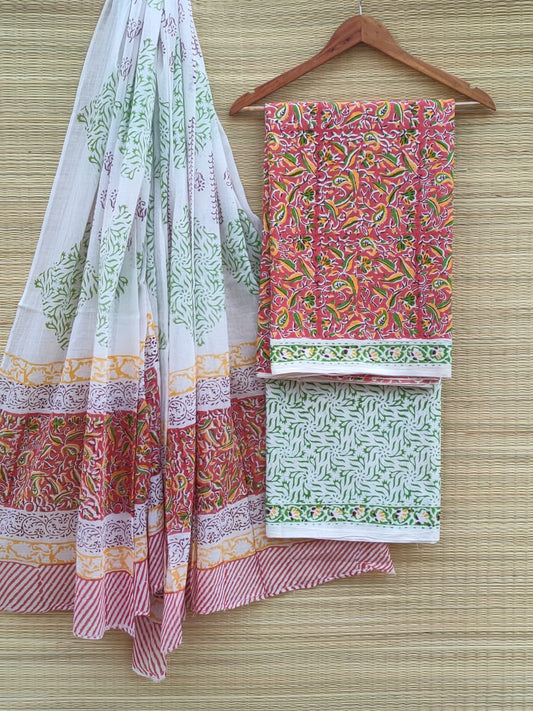 Hand Block Cotton Unstitched Salwar Suit With Cotton/Mulmul Dupatta - JBCM650