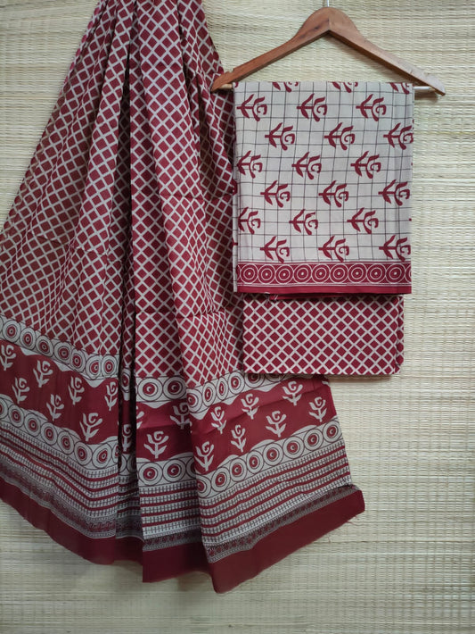 Pure Cotton Hand Block Printed Unstitched Salwar Suit Set With Cotton/Mulmul Dupatta - JBCM588