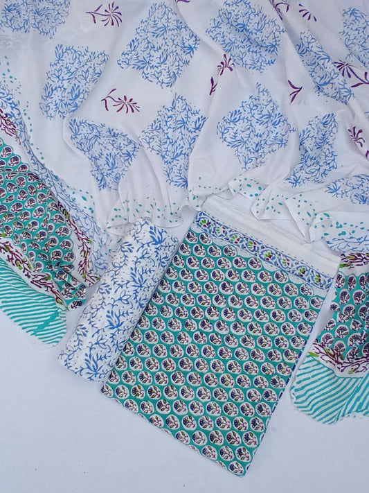 Hand Block Printed Pure Cotton Unstitched Salwar Suit Set With Cotton/Mulmul Dupatta - JBCM651