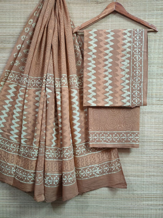Pure Cotton Hand Block Printed Unstitched Salwar Suit Set With Cotton/Mulmul Dupatta - JBCM652