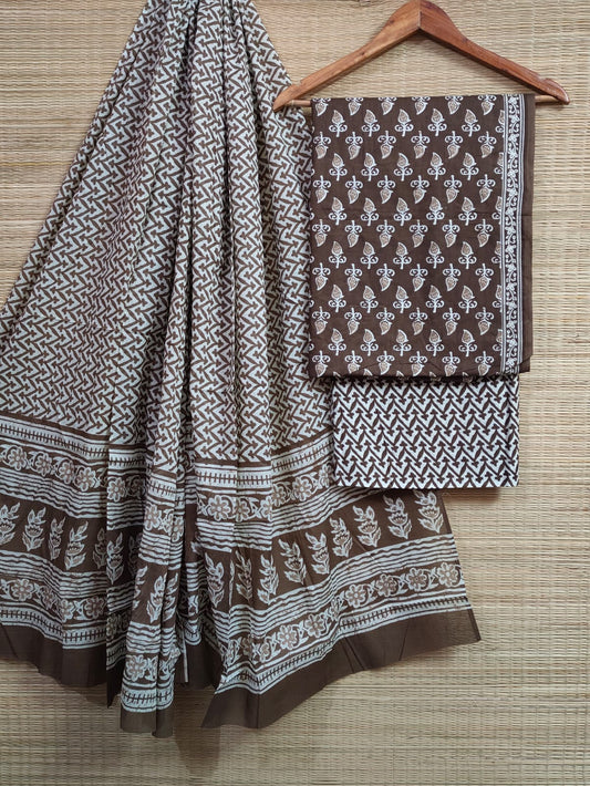 Hand Block Cotton Unstitched Salwar Suit With Cotton/Mulmul Dupatta - JBCM653