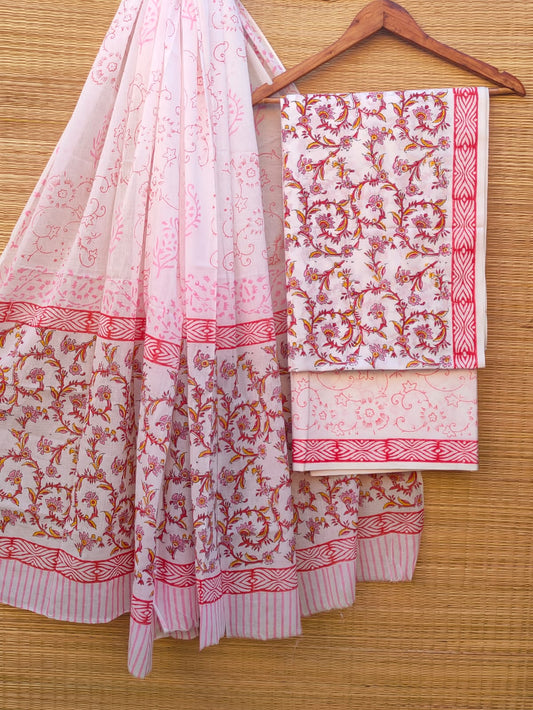 Hand Block Cotton Unstitched Salwar Suit With Cotton/Mulmul Dupatta - JBCM654