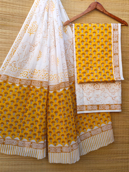 Pure Cotton Hand Block Printed Unstitched Salwar Suit Set With Cotton/Mulmul Dupatta - JBCM656