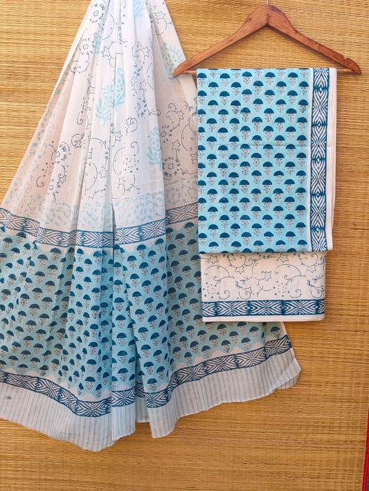 Hand Block Cotton Unstitched Salwar Suit With Cotton/Mulmul Dupatta - JBCM657