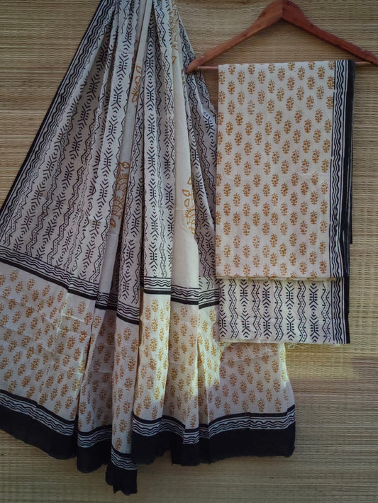 Hand Block Cotton Unstitched Salwar Suit With Cotton/Mulmul Dupatta - JBCM658