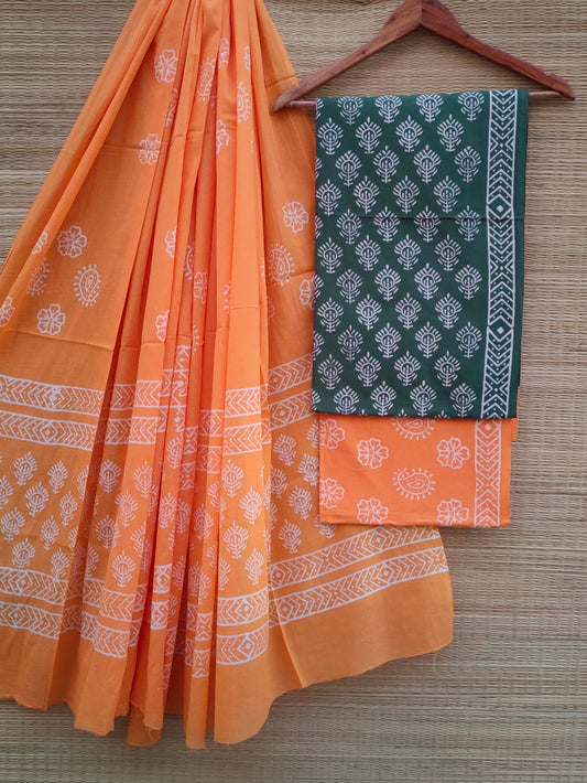 Hand Block Printed Pure Cotton Unstitched Salwar Suit Set With Cotton/Mulmul Dupatta - JBCM659
