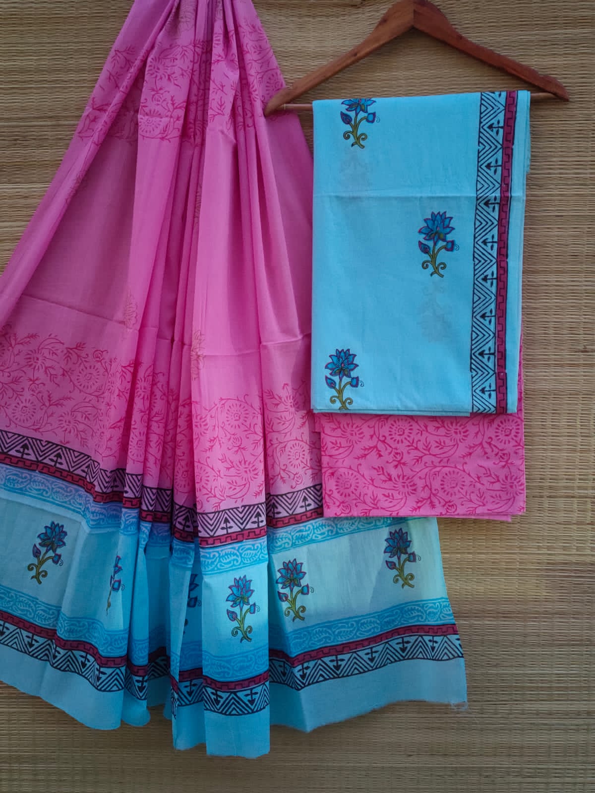 Pure Cotton Hand Block Printed Unstitched Salwar Suit Set With Cotton/Mulmul Dupatta - JBCM660