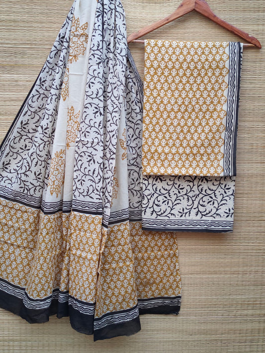 Hand Block Printed Pure Cotton Unstitched Salwar Suit Set With Cotton/Mulmul Dupatta - JBCM662