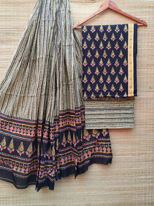 Pure Cotton Hand Block Printed Unstitched Salwar Suit Set With Cotton/Mulmul Dupatta - JBCM663