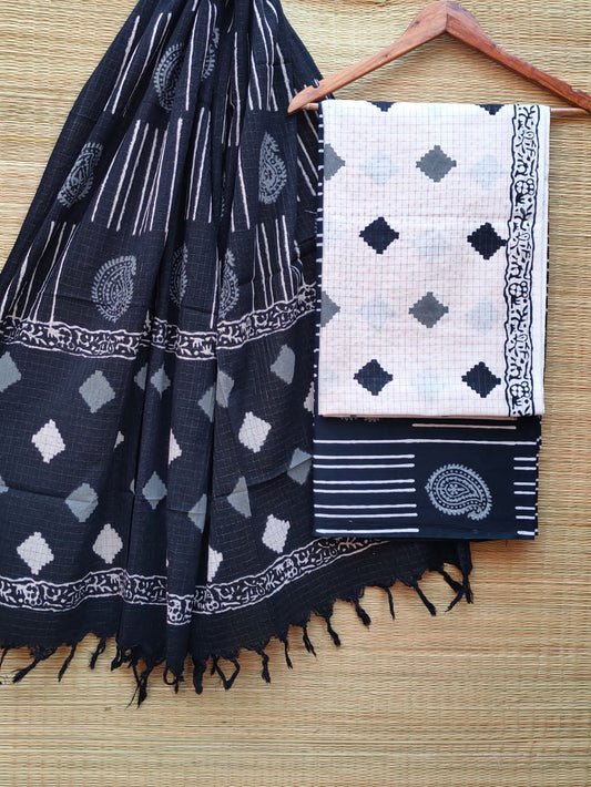 Hand Block Cotton Unstitched Salwar Suit With Cotton/Mulmul Dupatta - JBCM664