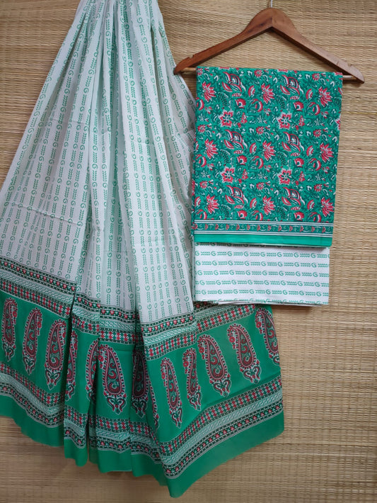 Hand Block Printed Pure Cotton Unstitched Salwar Suit Set With Cotton/Mulmul Dupatta - JBCM666