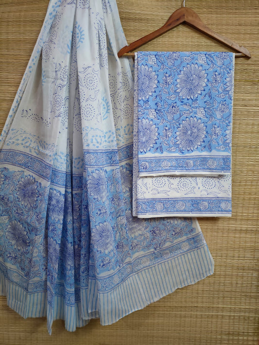 Pure Cotton Hand Block Printed Unstitched Salwar Suit Set With Cotton/Mulmul Dupatta - JBCM667