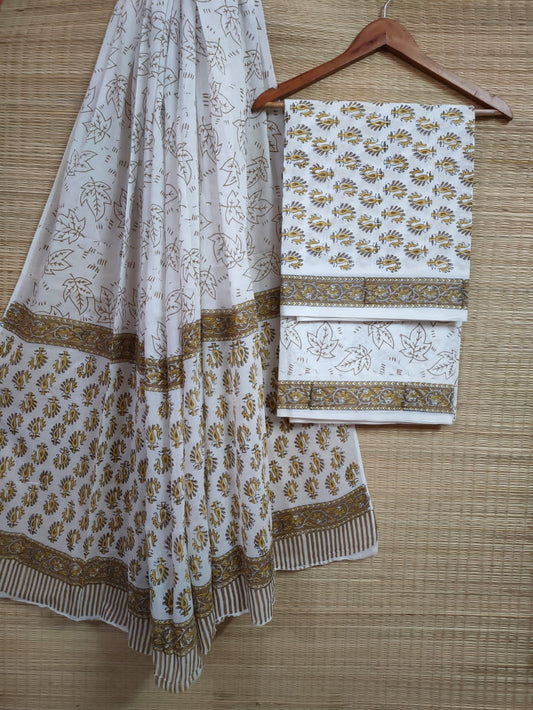 Hand Block Cotton Unstitched Salwar Suit With Cotton/Mulmul Dupatta - JBCM590