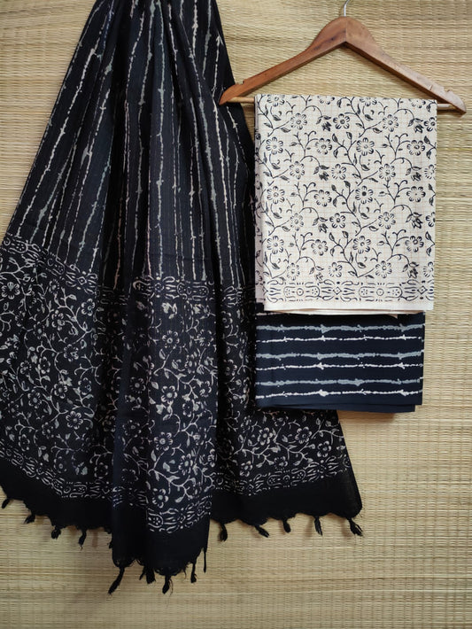 Pure Cotton Hand Block Printed Unstitched Salwar Suit Set With Cotton/Mulmul Dupatta - JBCM671