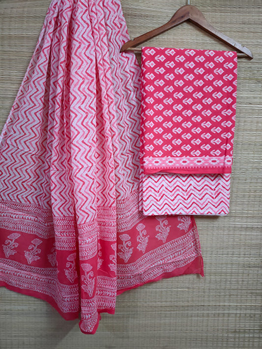 Hand Block Cotton Unstitched Salwar Suit With Cotton/Mulmul Dupatta - JBCM672