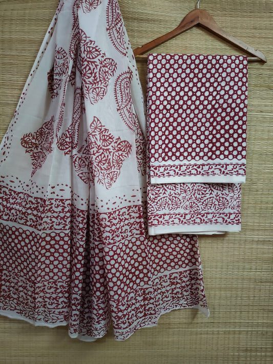 Hand Block Printed Pure Cotton Unstitched Salwar Suit Set With Cotton/Mulmul Dupatta - JBCM674