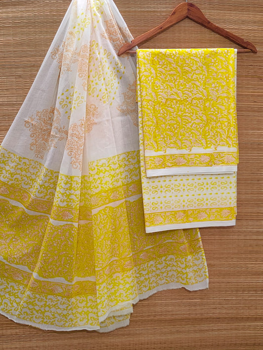 Hand Block Cotton Unstitched Salwar Suit With Cotton/Mulmul Dupatta - JBOCM148