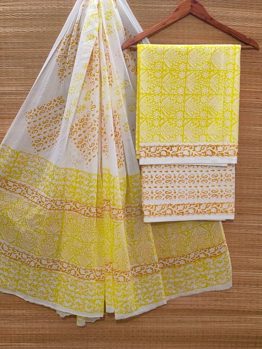 Hand Block Cotton Unstitched Salwar Suit With Cotton/Mulmul Dupatta - JBOCM150
