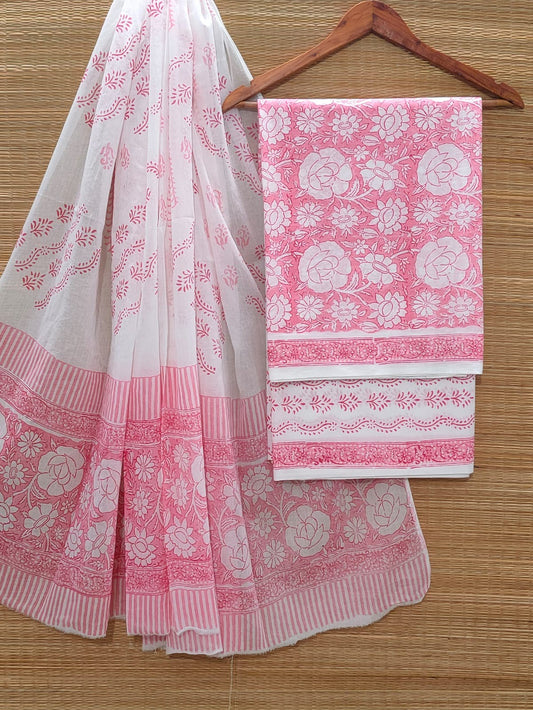 Hand Block Cotton Unstitched Salwar Suit With Cotton/Mulmul Dupatta - JBOCM153