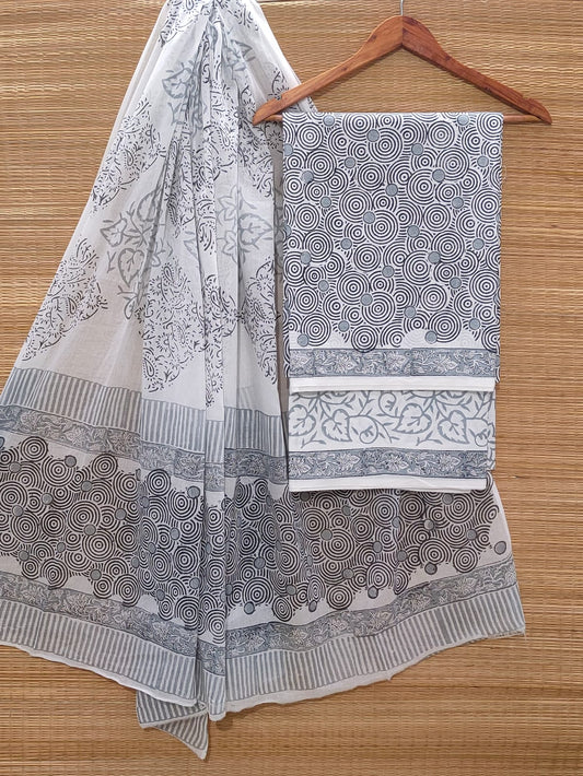 Hand Block Cotton Unstitched Salwar Suit With Cotton/Mulmul Dupatta - JBOCM156