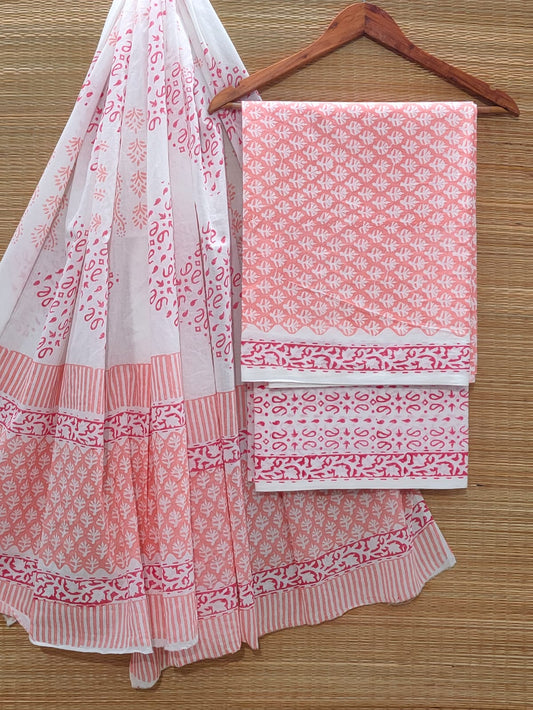 Hand Block Cotton Unstitched Salwar Suit With Cotton/Mulmul Dupatta - JBOCM159