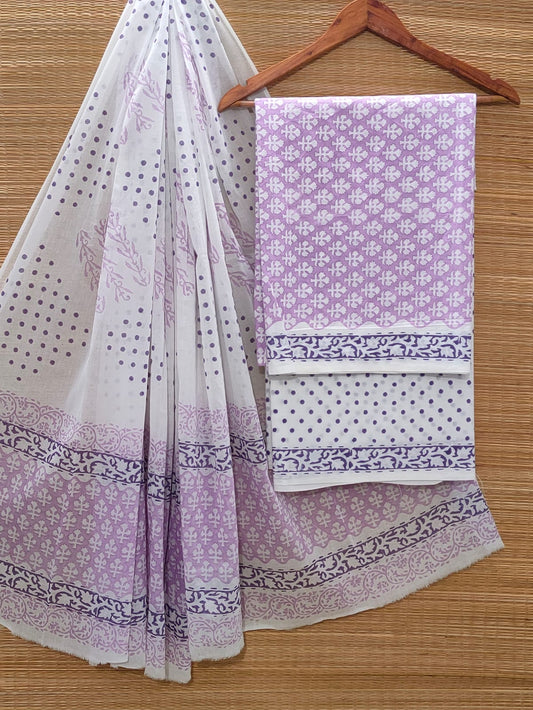 Hand Block Cotton Unstitched Salwar Suit With Cotton/Mulmul Dupatta - JBOCM160
