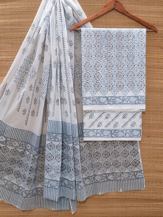 Hand Block Cotton Unstitched Salwar Suit With Cotton/Mulmul Dupatta - JBOCM164