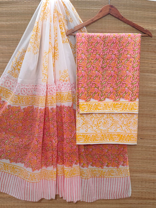 Hand Block Cotton Unstitched Salwar Suit With Cotton/Mulmul Dupatta - JBOCM166